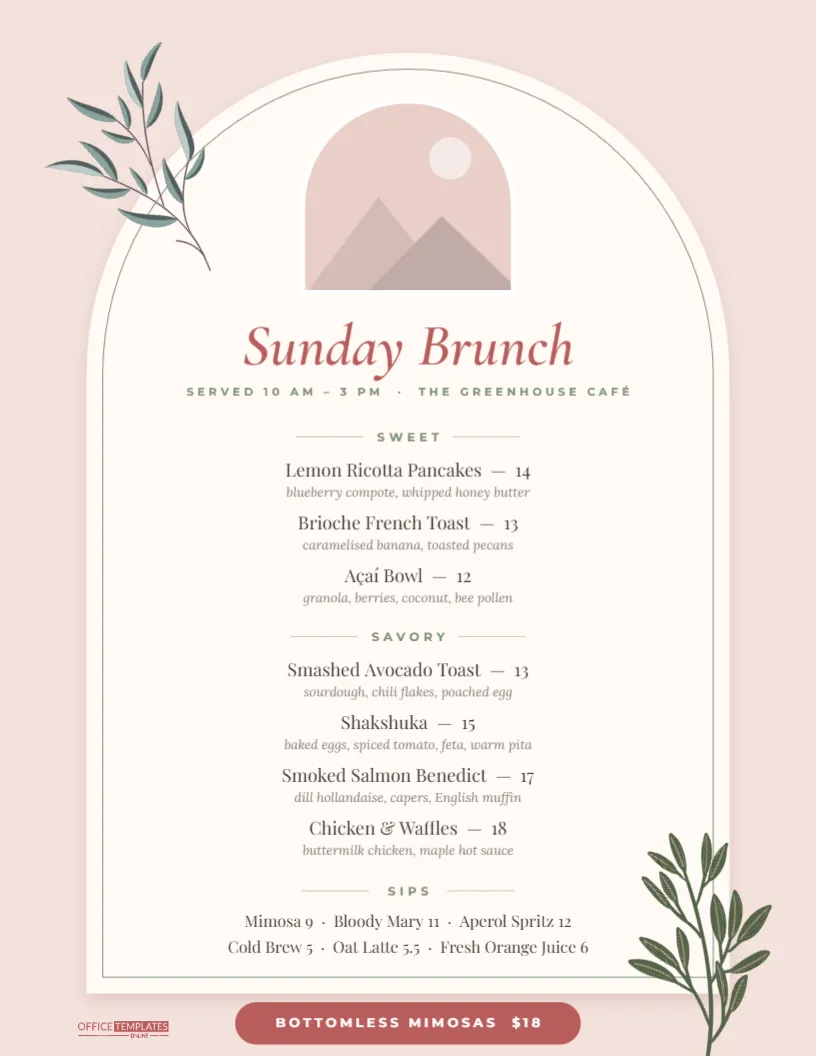Brunch Menu Template – Blush Arch Design with Eucalyptus Accents