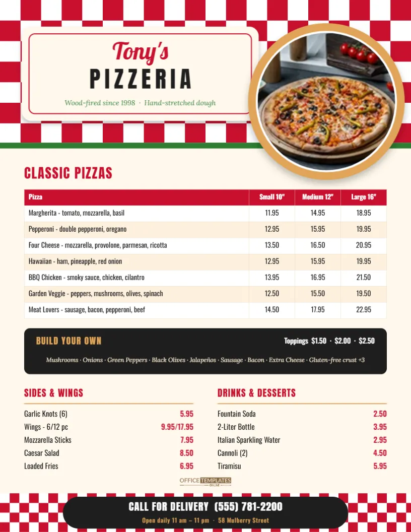 Pizza Menu Template – Checkered Pizzeria Menu with Size Price Grid