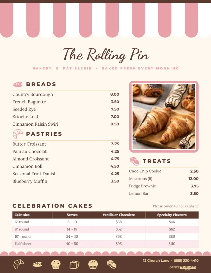 Bakery Menu Template – Striped Awning Pastry Shop Menu with Cake Prices