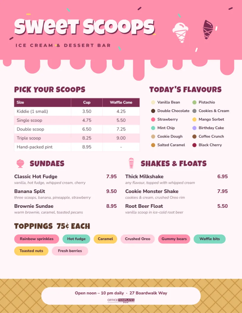 Ice Cream & Dessert Menu Template – Dripping Pink Scoop Shop Menu
