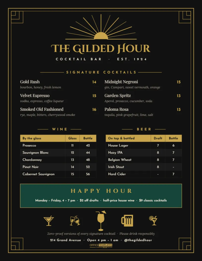 Cocktail Bar Menu Template – Black & Gold Art Deco Drinks Menu