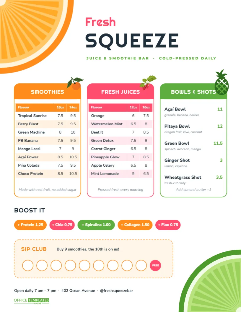 Juice & Smoothie Bar Menu Template – Bright Citrus Slice Design