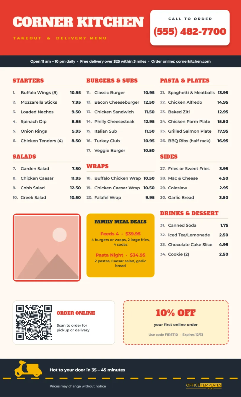 Takeout & Delivery Menu Template – Numbered Menu with QR Ordering