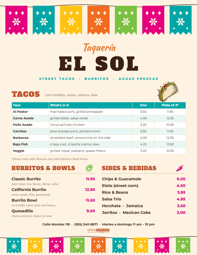 Mexican Taco Menu Template – Papel Picado Taquería Menu