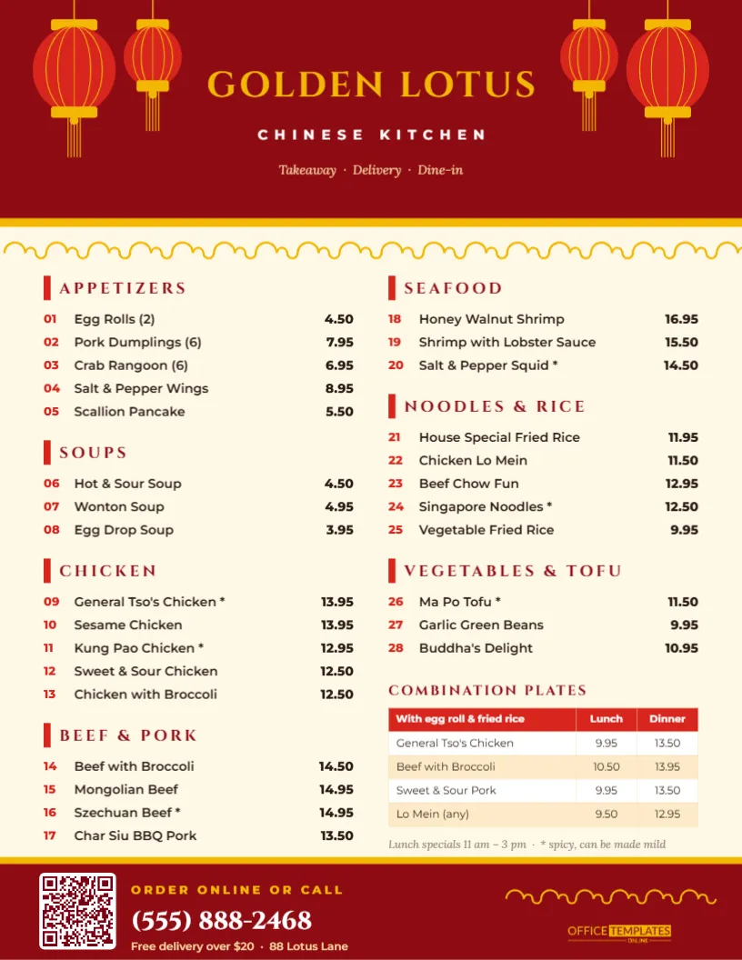 Chinese Takeaway Menu Template – Red Lantern Numbered Menu