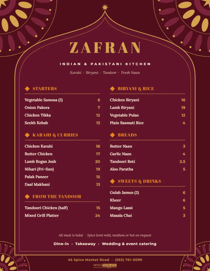 Indian & Pakistani Restaurant Menu Template – Mughal Arch Design