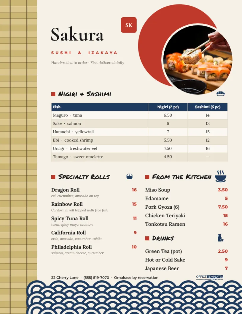 Sushi Menu Template – Japanese Menu with Bamboo Mat and Wave Pattern