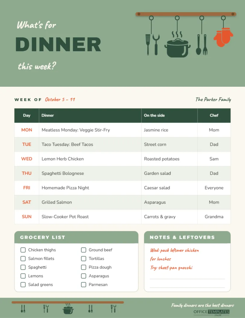 Weekly Family Dinner Menu Template – What’s for Dinner This Week?