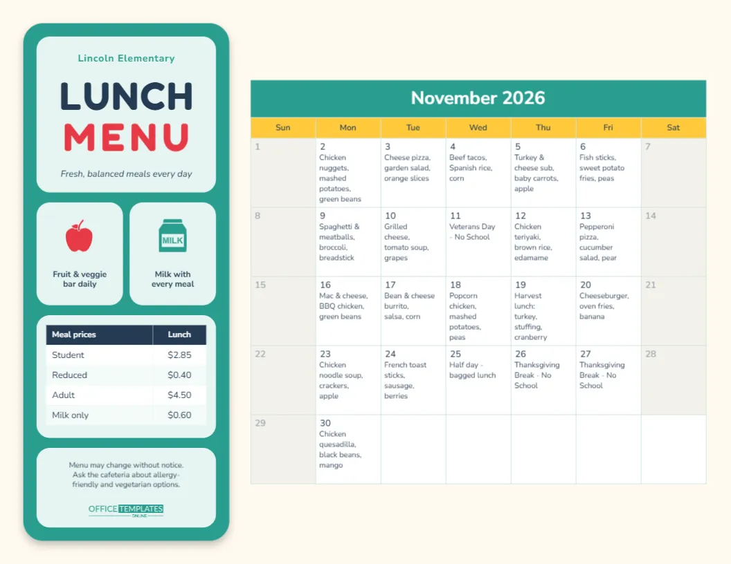 Monthly School Lunch Menu Template – Editable Calendar for Cafeterias
