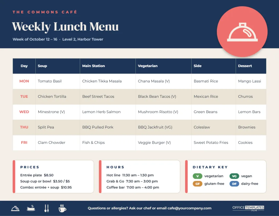 Office Cafeteria Weekly Lunch Menu Template – Monday to Friday Stations
