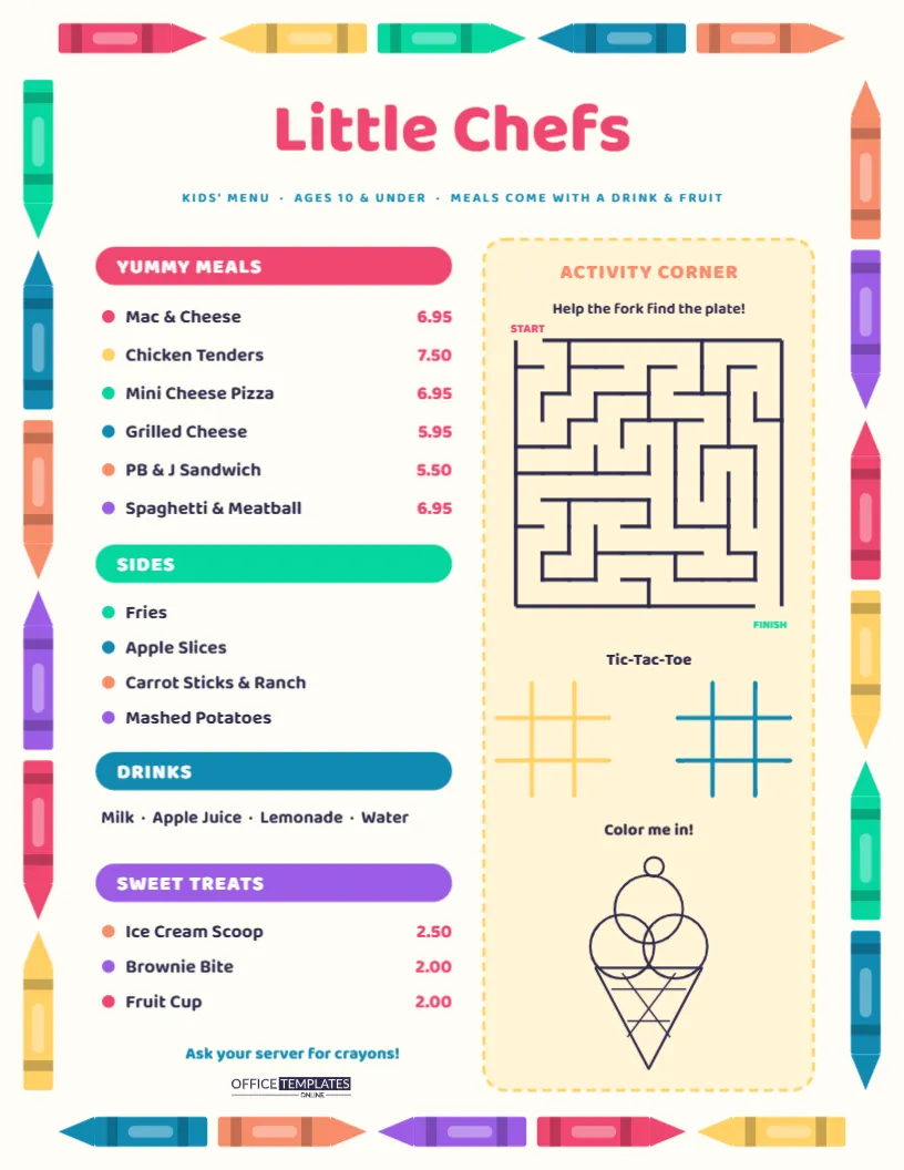 Kids Menu Template with Activities – Crayon Border, Maze & Coloring