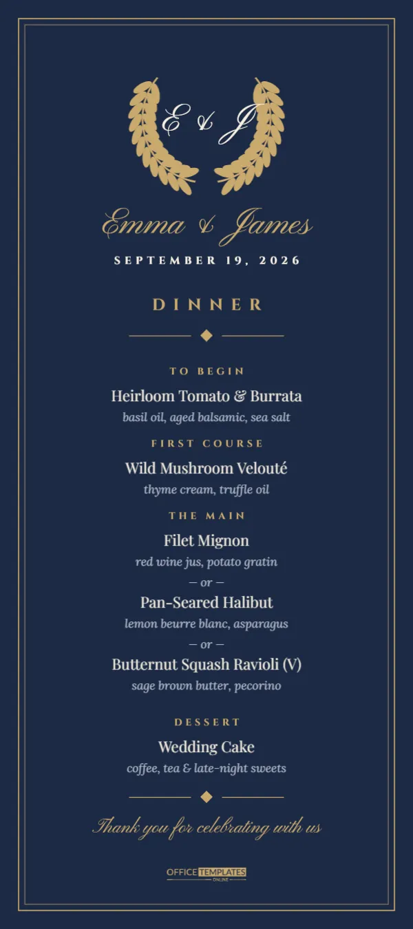 Wedding Reception Menu Card Template – Navy & Gold Laurel Monogram