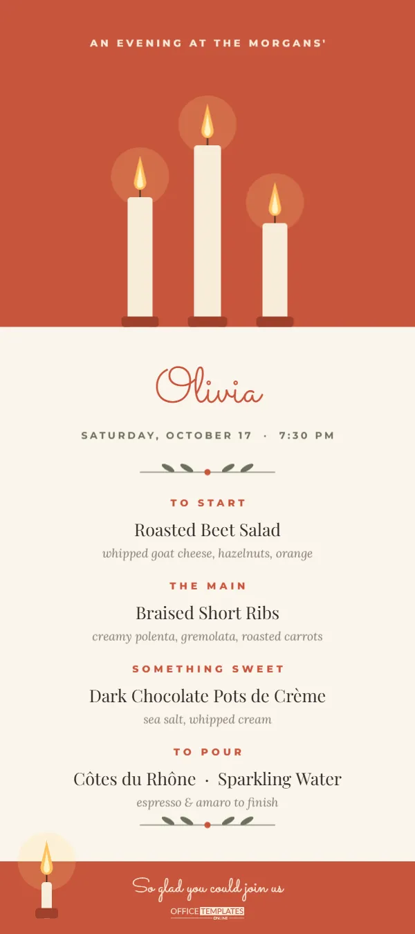 Dinner Party Menu Card Template – Candlelit Menu and Place Card