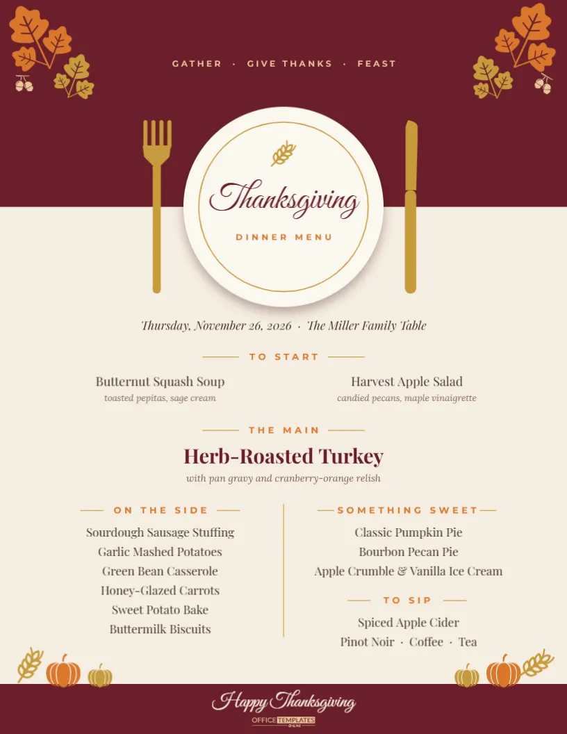 Thanksgiving Dinner Menu Template – Harvest Table Setting Design