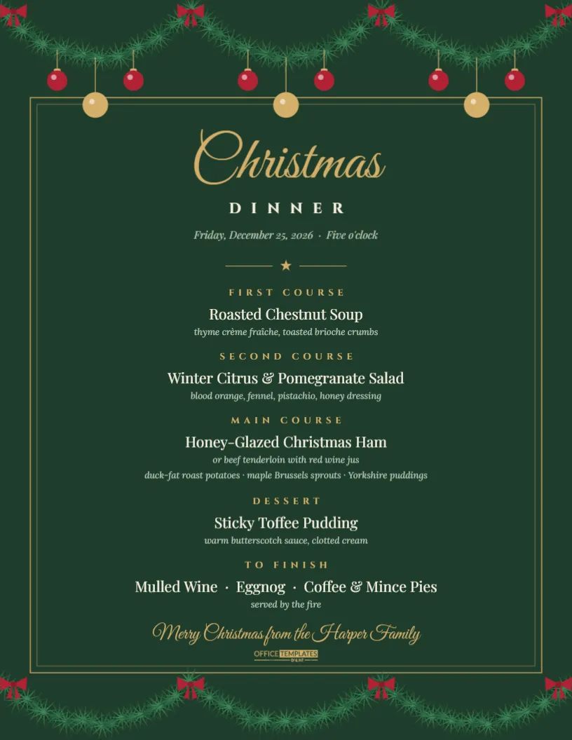 Christmas Dinner Menu Template – Evergreen Garland and Gold Menu