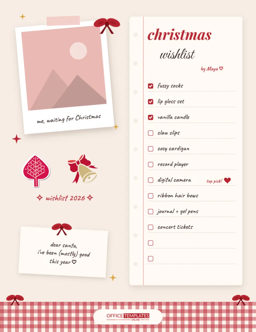 Aesthetic Christmas Wish List for Teens – Polaroid and Red Bow Design