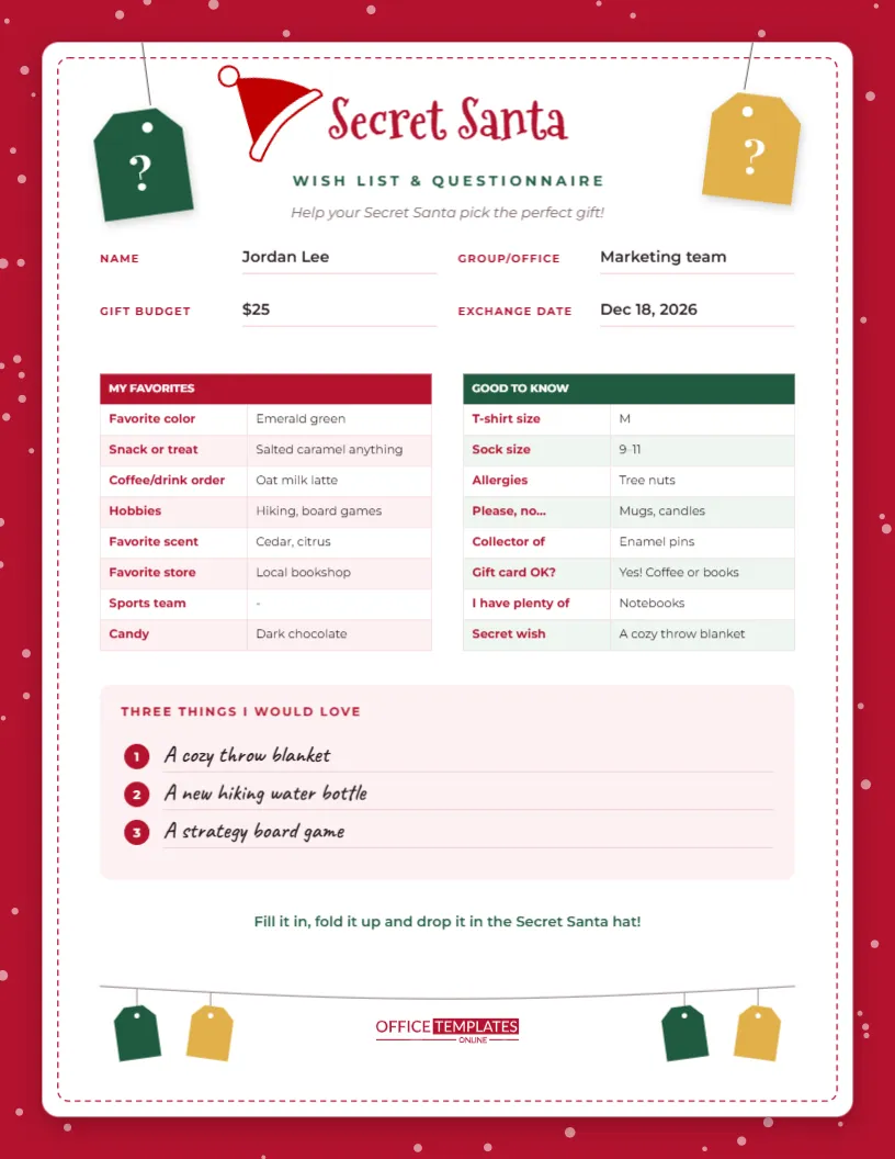 Secret Santa Questionnaire and Wish List – Hanging Gift Tag Design – free editable Christmas Wish Lists template