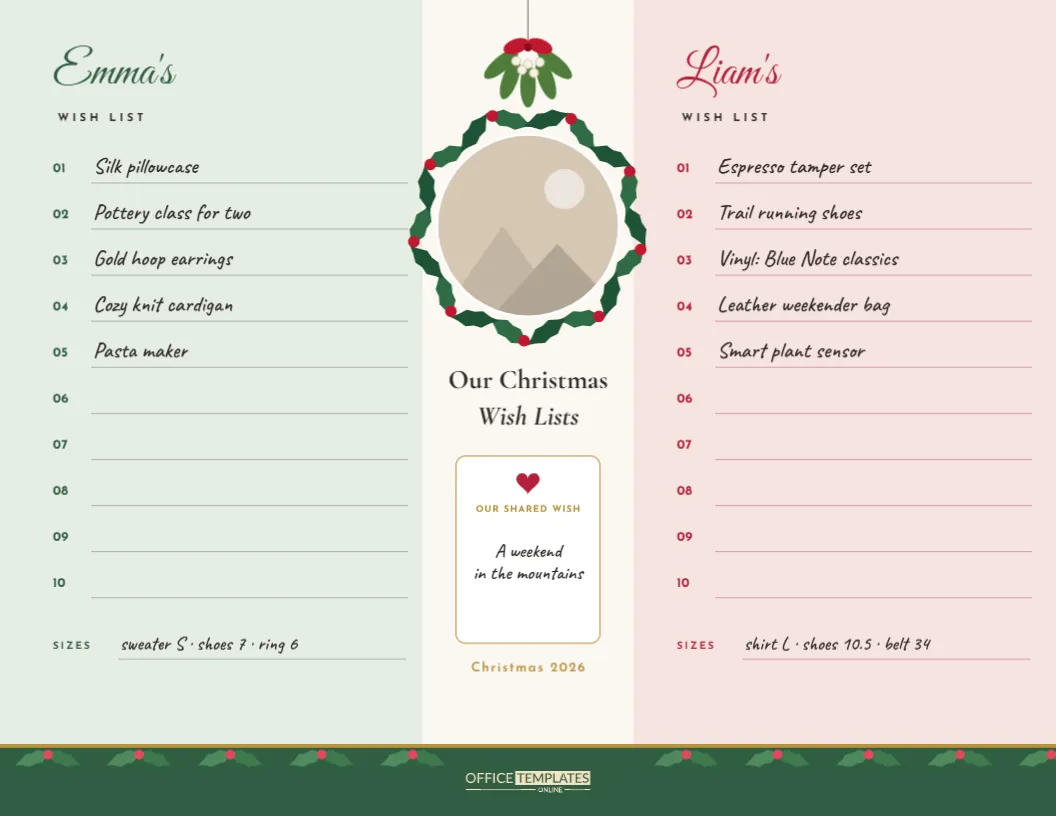 Couples Christmas Wish List – His and Hers Lists With Mistletoe – free editable Christmas Wish Lists template