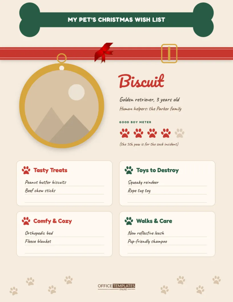 Pet Christmas Wish List for Dogs and Cats – Collar and ID Tag Design – free editable Christmas Wish Lists template