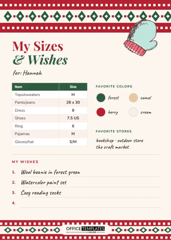 Christmas Wish List and Sizes Card – Fair Isle Sweater Design – free editable Christmas Wish Lists template