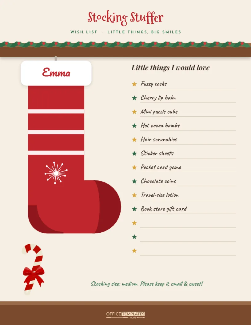 Stocking Stuffer Wish List – Name Stocking on a Mantel Design – free editable Christmas Wish Lists template