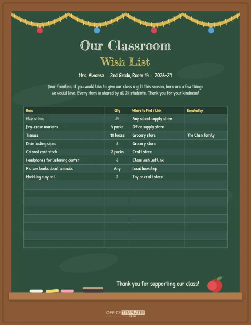 Classroom Wish List for Teachers – Christmas Chalkboard Design