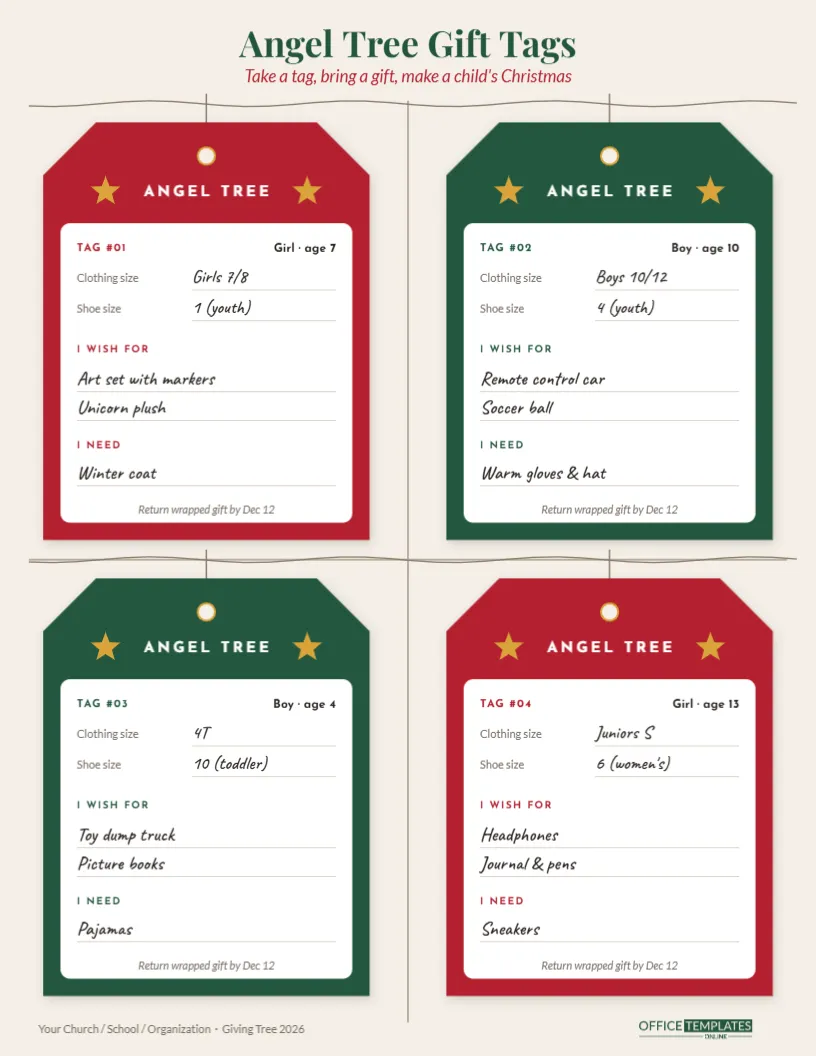 Angel Tree Tags – Printable Giving Tree Wish List Cards