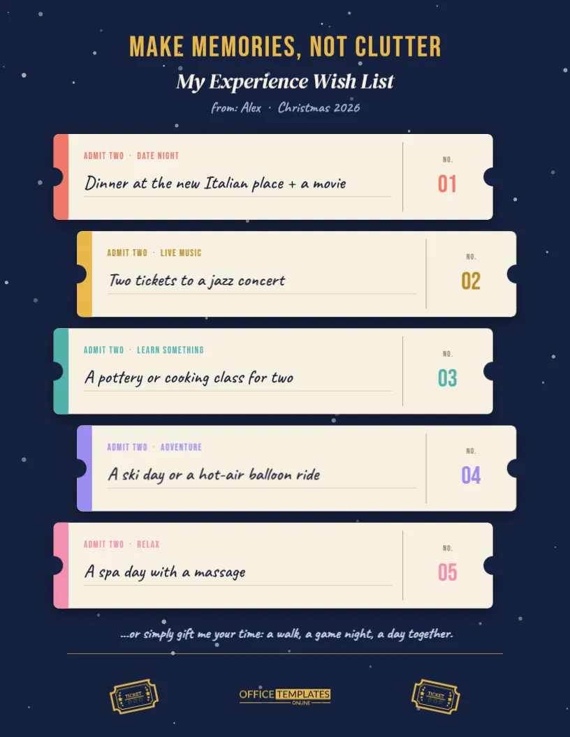 Experience Gifts Christmas Wish List – Admission Ticket Design