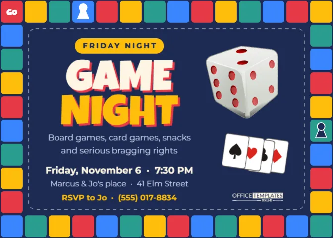 Game Night Invitation Template with a Board Game Border – free editable Party Invitations template