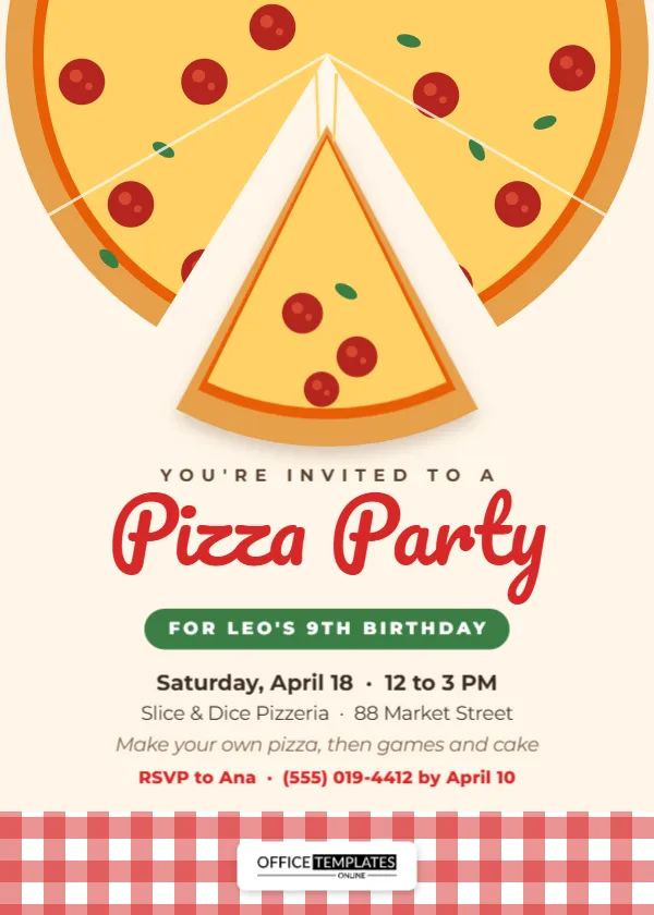 Pizza Party Invitation Template for Kids’ Birthdays and Team Celebrations – free editable Party Invitations template