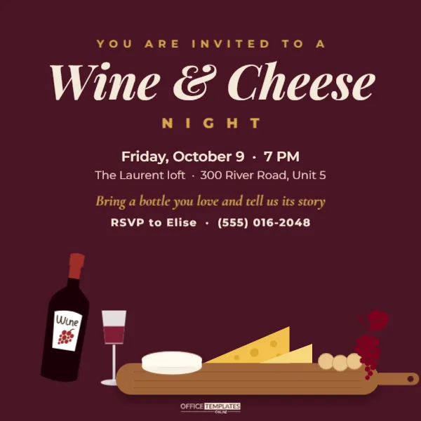 Wine and Cheese Night Invitation Template in Burgundy and Gold – free editable Party Invitations template