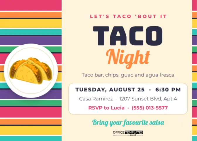 Taco Night Invitation Template with a Colourful Serape Stripe – free editable Party Invitations template