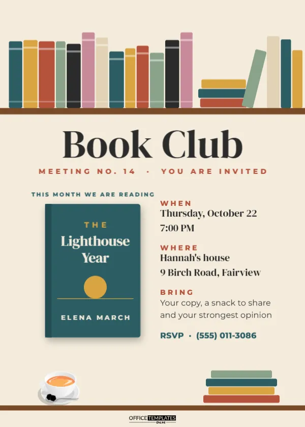 Book Club Meeting Invitation Template with a Bookshelf Header – free editable Party Invitations template