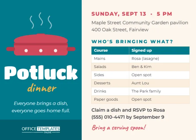 Potluck Dinner Invitation Template with a Dish Sign-Up Table – free editable Party Invitations template