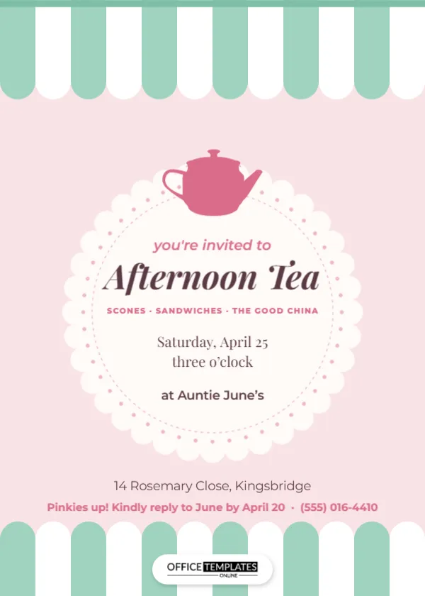 Afternoon Tea Party Invitation Template with a Doily and Teapot – free editable Party Invitations template