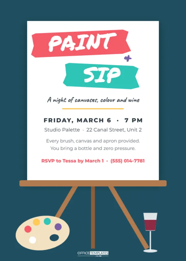 Paint and Sip Party Invitation Template with an Easel and Canvas – free editable Party Invitations template