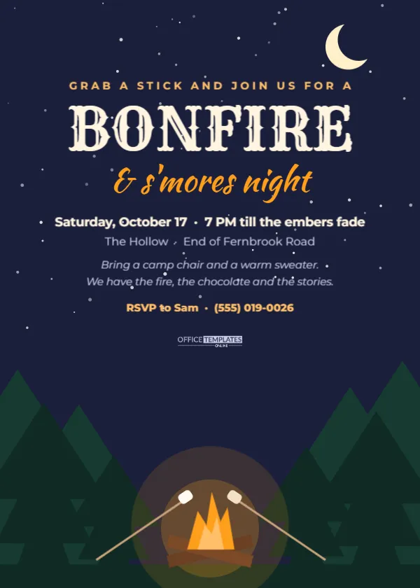 Bonfire and S’mores Night Invitation Template with a Pine Forest – free editable Party Invitations template
