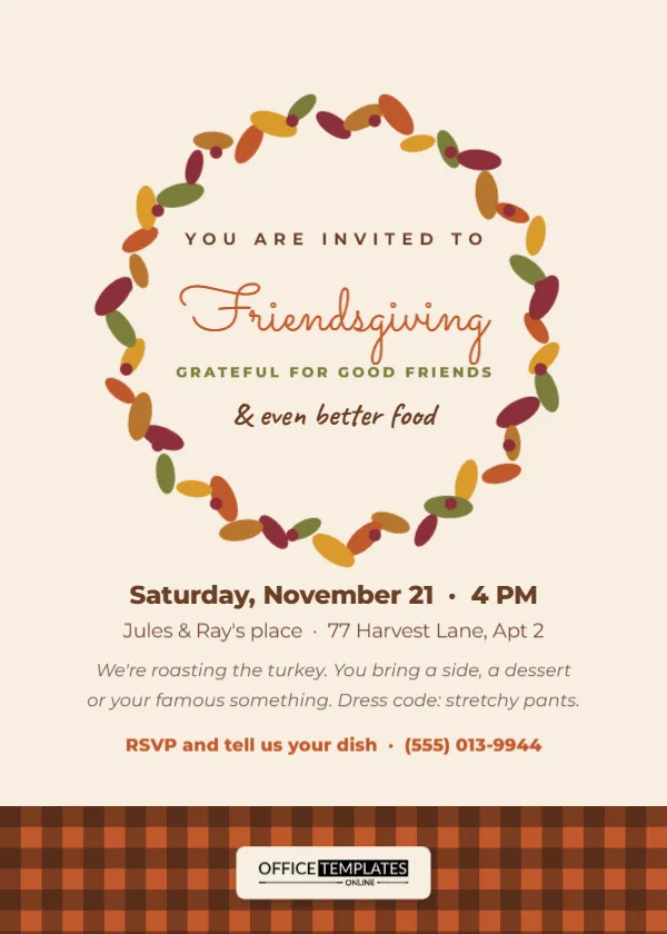 Friendsgiving Dinner Invitation Template with an Autumn Leaf Wreath