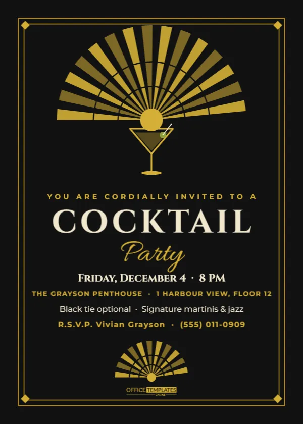 Art Deco Cocktail Party Invitation Template in Black and Gold