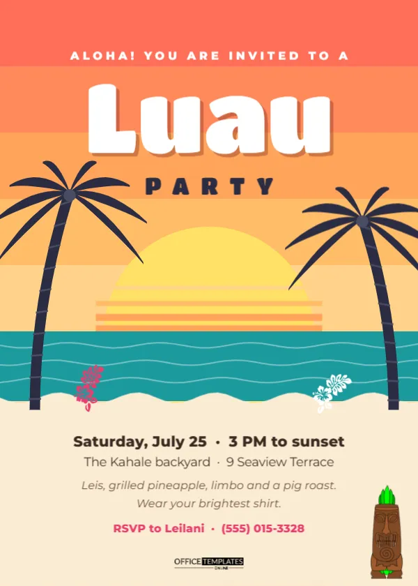 Luau Party Invitation Template with a Striped Tropical Sunset