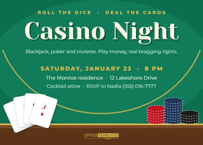 Casino Night Party Invitation Template on a Green Felt Table – free editable Party Invitations template