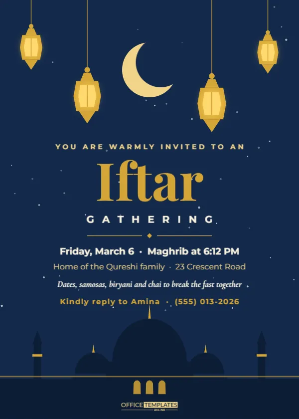 Iftar Party Invitation Template with Hanging Lanterns and a Mosque – free editable Party Invitations template