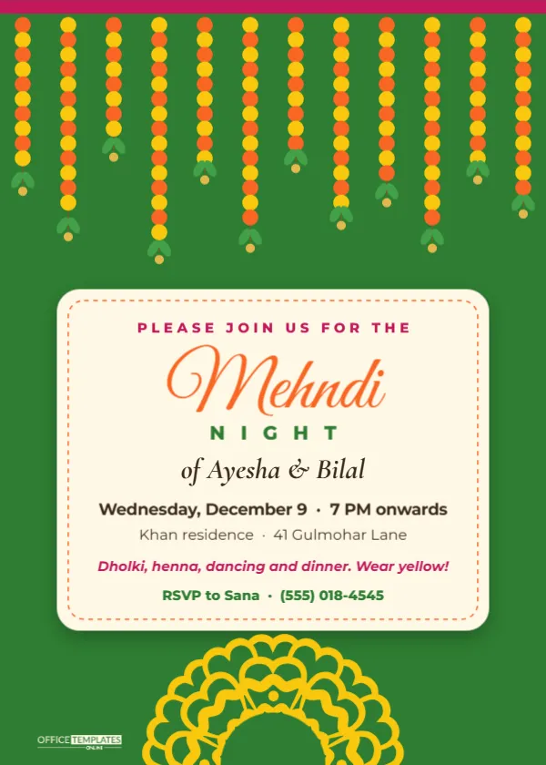 Mehndi Night Invitation Template with Marigold Garlands – free editable Party Invitations template