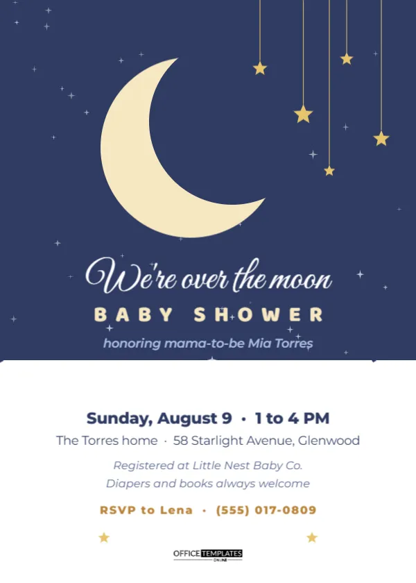 Over the Moon Baby Shower Invitation Template with Stars and Clouds