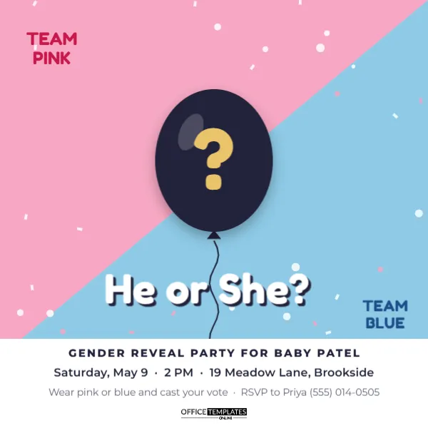 Gender Reveal Party Invitation Template – He or She? – free editable Party Invitations template