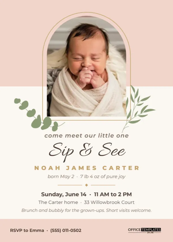 Sip and See Invitation Template with an Arched Baby Photo – free editable Party Invitations template
