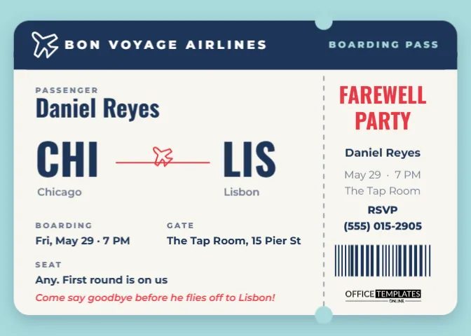 Farewell Party Invitation Template Designed as a Boarding Pass – free editable Party Invitations template