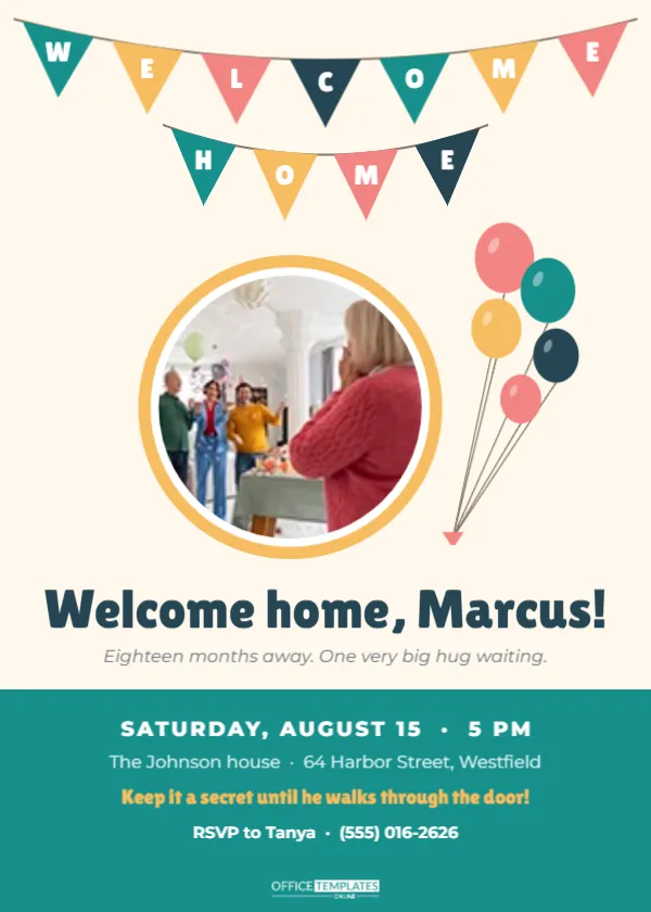 Welcome Home Party Invitation Template with Bunting and a Photo – free editable Party Invitations template