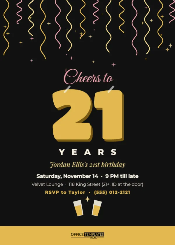 21st Birthday Party Invitation Template in Black and Gold – free editable Party Invitations template