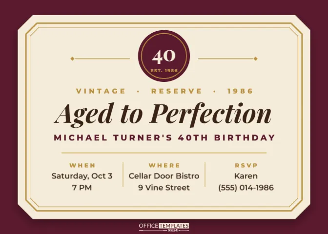 40th Birthday Invitation Template – Aged to Perfection Wine Label – free editable Party Invitations template